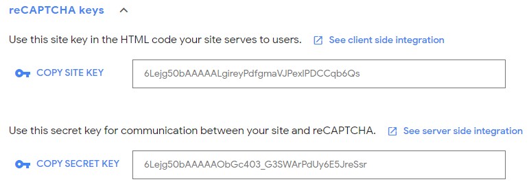 Mã khóa secret key và site key
